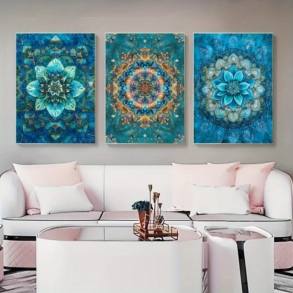 Abstract Canvas Set - （NoFrame 3PCS）-3pcs/set Frameless Mandala Teal Canvas