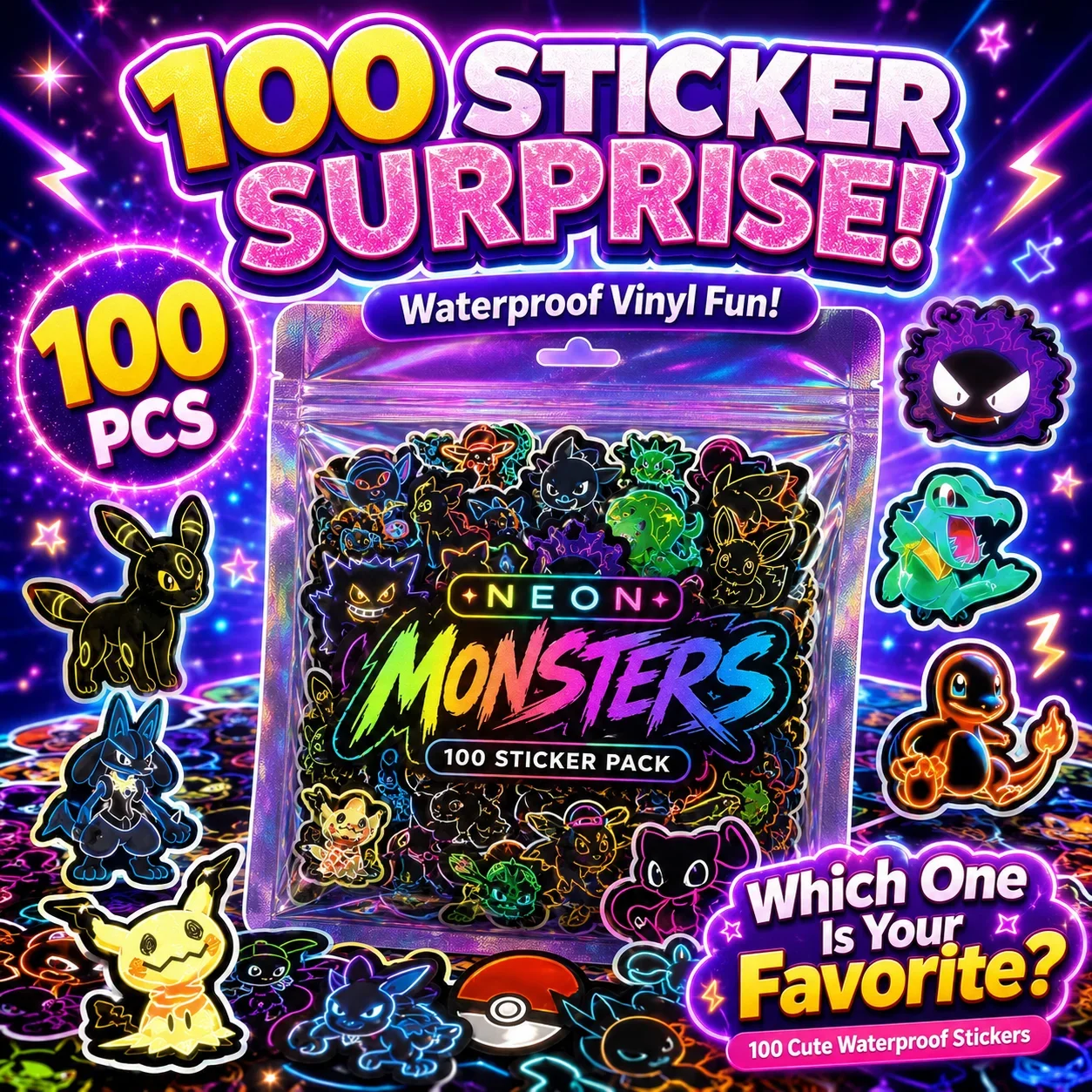 Wall Sticker - 100pcs Neon Pokémon Stickers Waterproof DIY