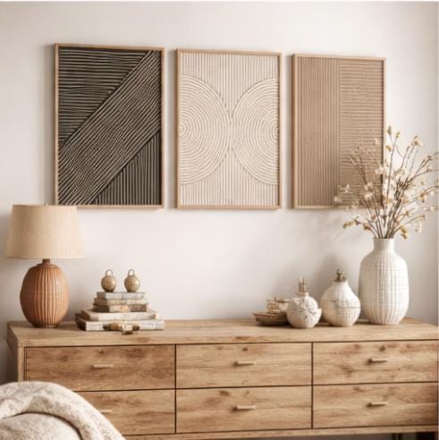 Set of 3 Beige Black Minimalis - Abstract Canvas Set ulasan dan harga
